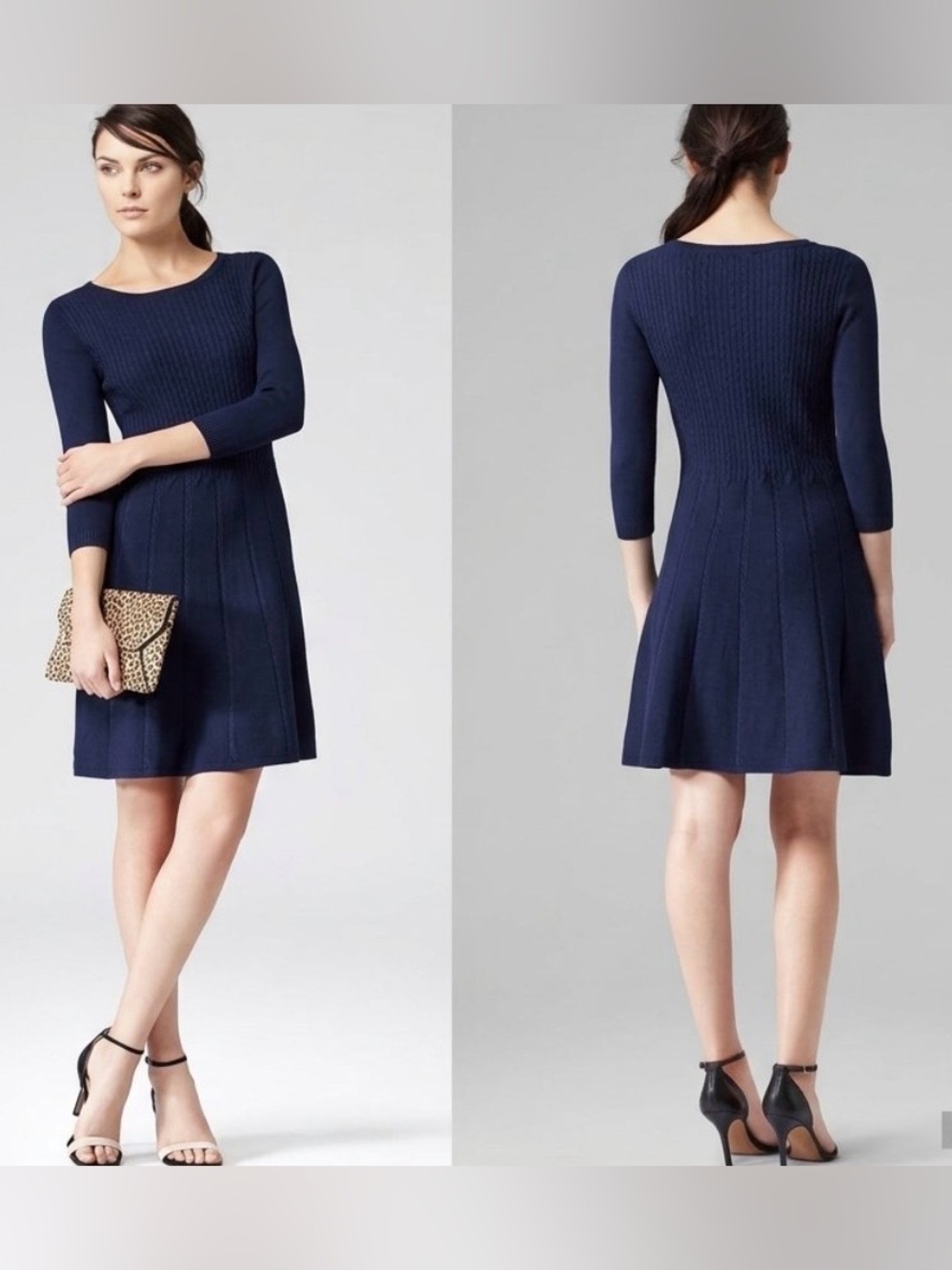 Reiss Jambo 3/4 Sleeve Fit & Flare Knit Dress Navy Size 6